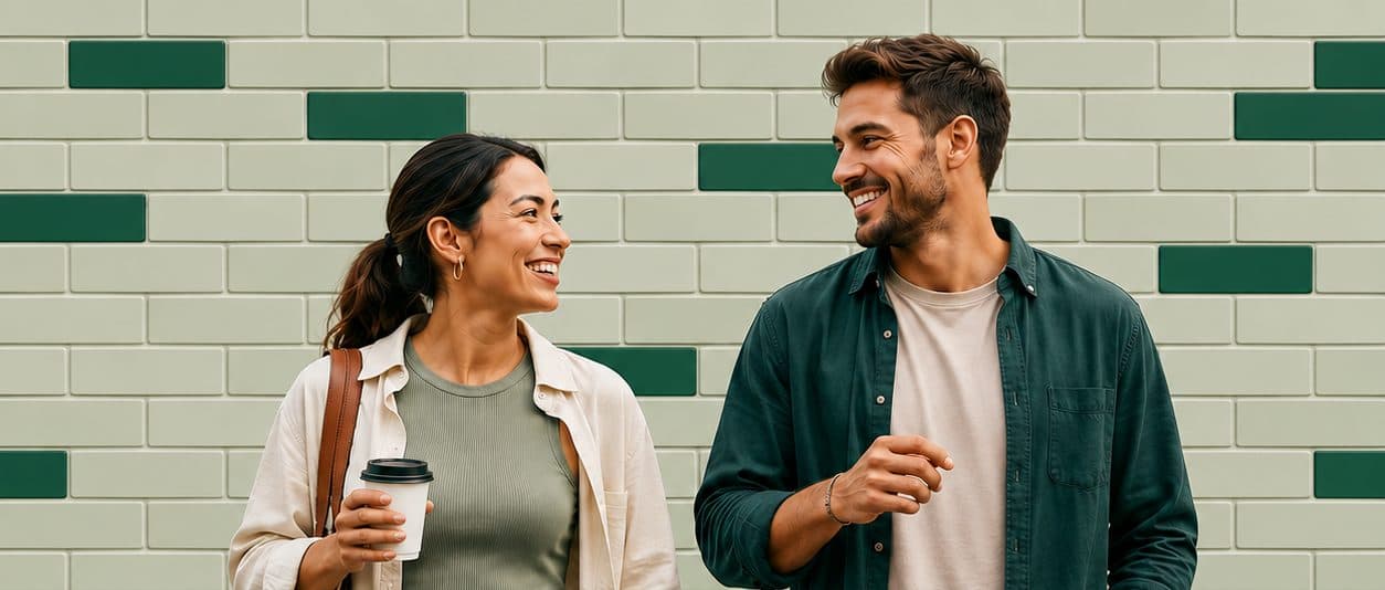 Two working people talking and smiling in front of a green brick wall