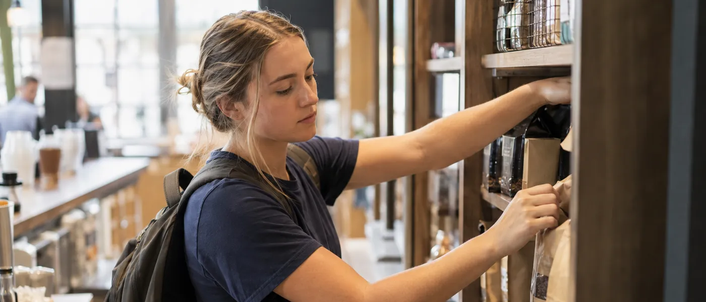 A student worker with a backpack restocking a shelf behind a shop counter.