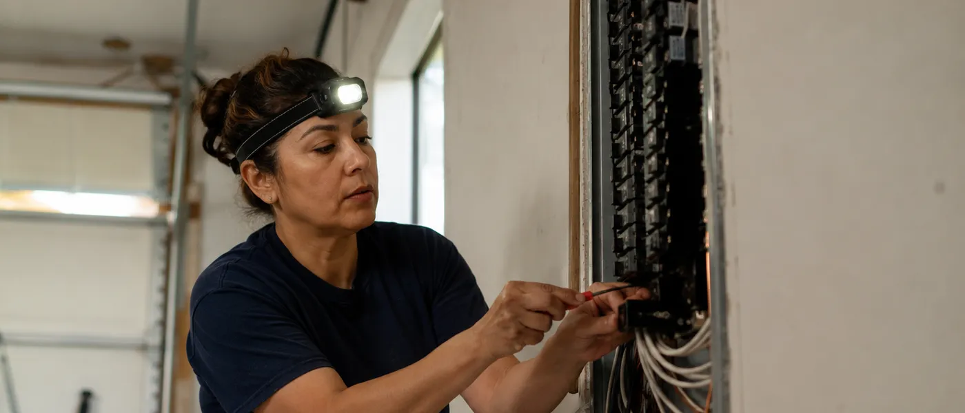 An electrician in a headlamp and tool belt wiring a residential breaker panel in a garage.