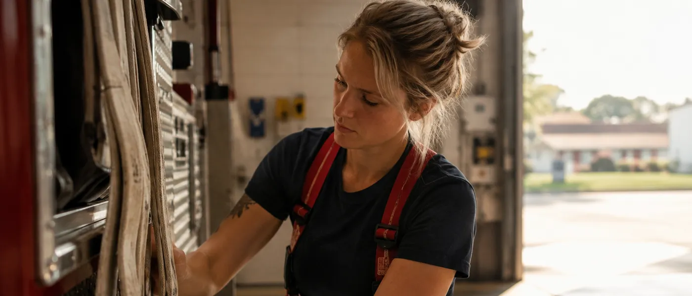 A firefighter in turnout gear checking equipment on the truck in the apparatus bay.