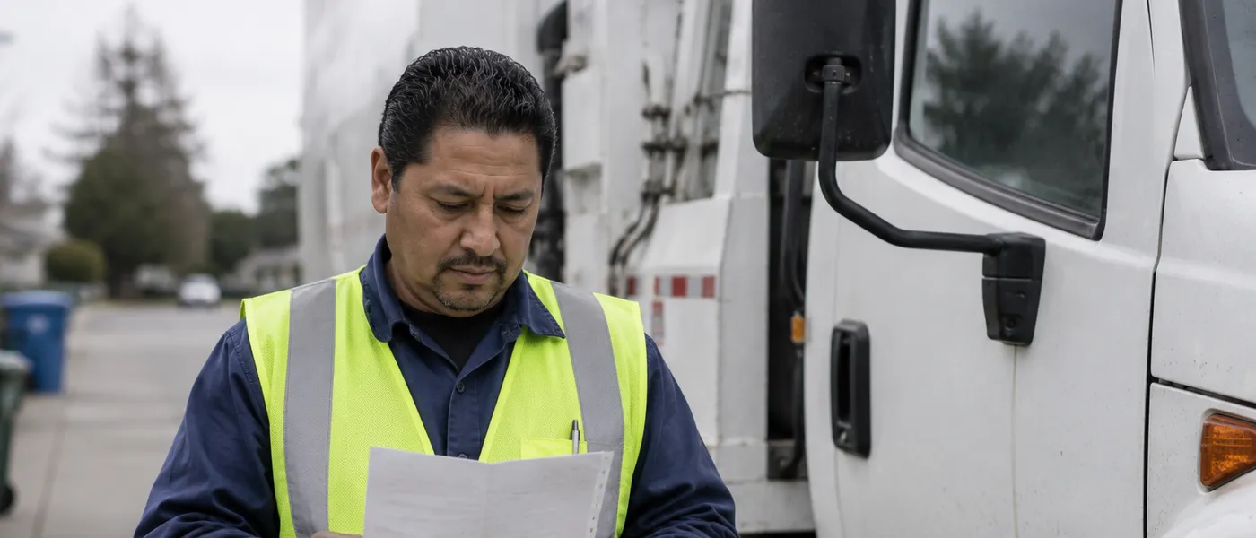A municipal worker in a hi-vis vest reviewing a route sheet beside a utility truck.