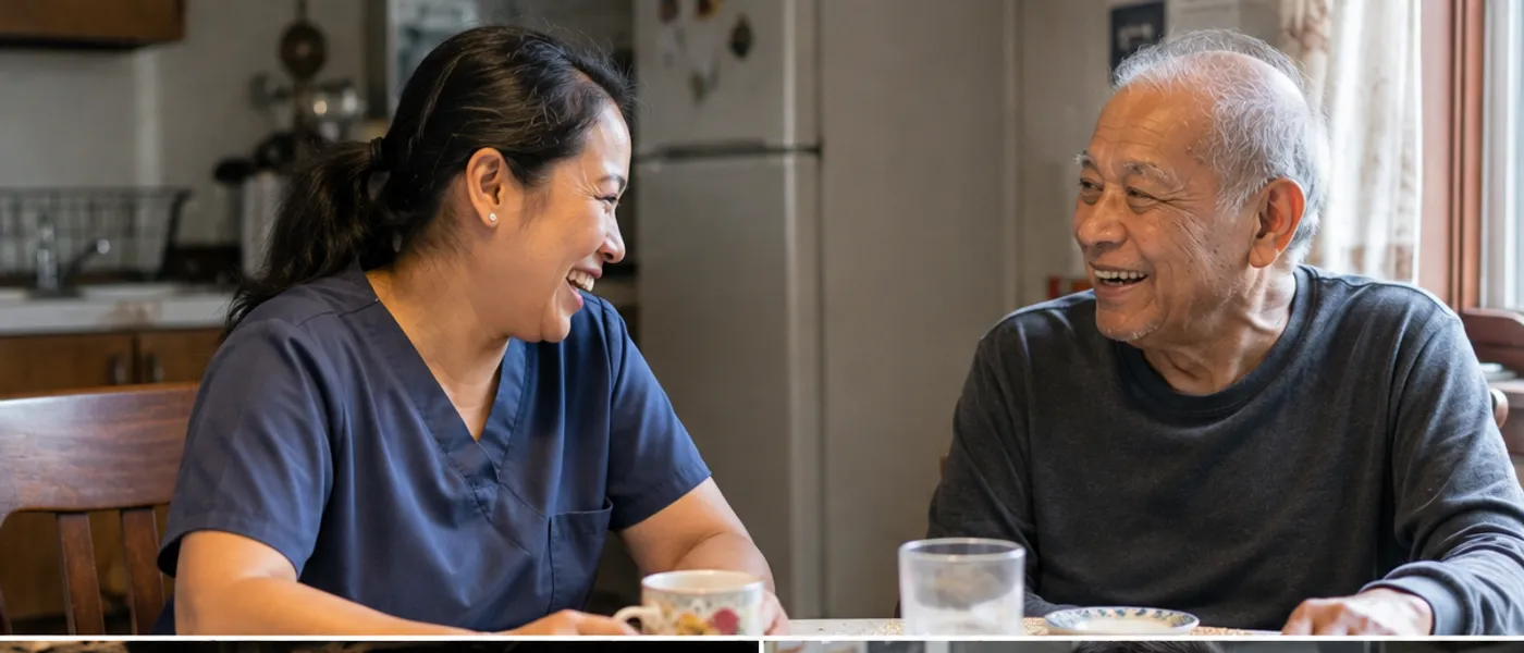 A home-health aide sharing a laugh with an older client at a kitchen table.