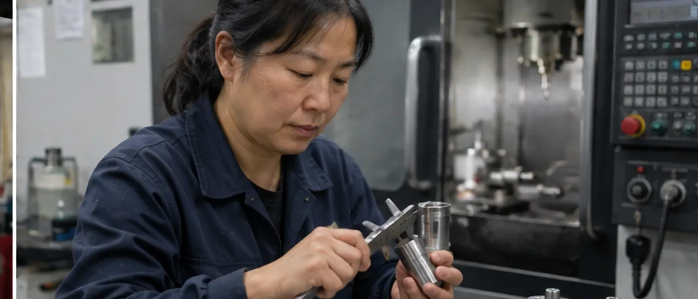 A machine operator checking a finished metal part with calipers at a CNC station.
