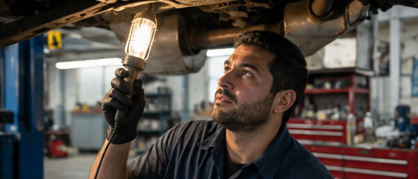 A mechanic holding a drop-light and inspecting the underside of a lifted pickup in a shop.