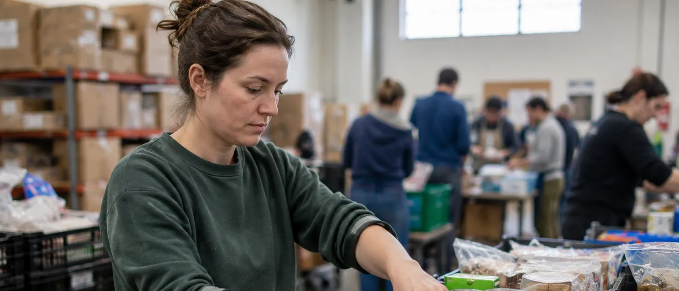 A nonprofit worker sorting donated goods at a community food pantry.