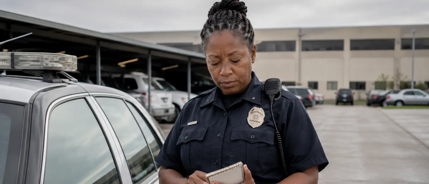 A police officer taking notes in a pocket notebook beside a patrol car in a station lot.