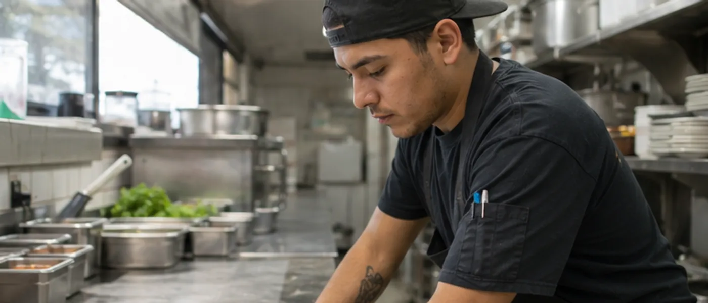 A line cook wiping down the stainless pass in a restaurant kitchen during prep.