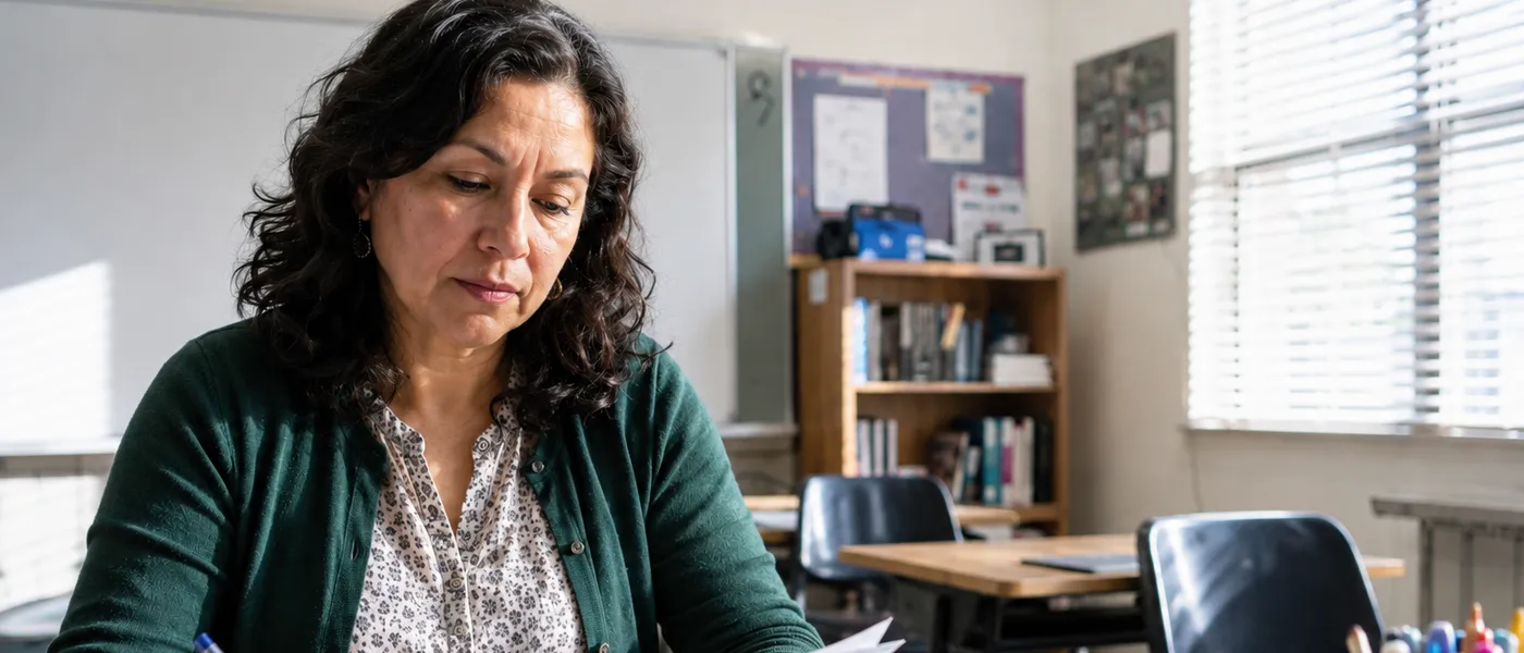 A teacher grading papers at a desk in an empty classroom.