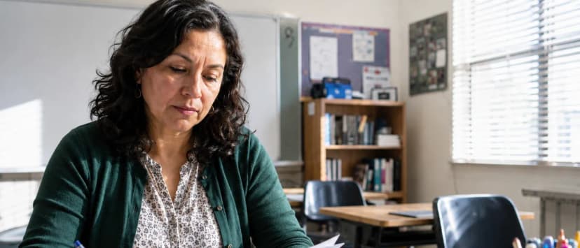 A teacher grading papers at a desk in an empty classroom.