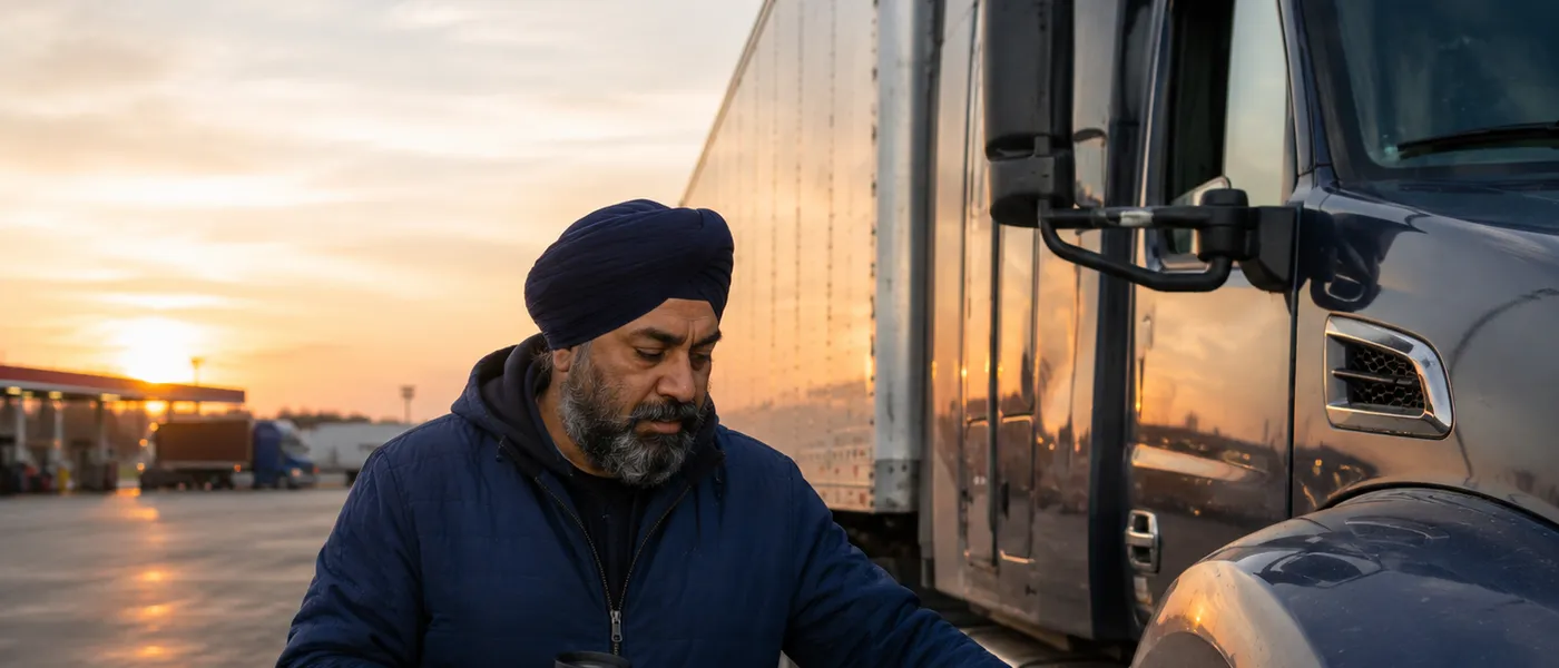 A long-haul driver doing a walk-around inspection of a rig at a truck stop at sunrise.
